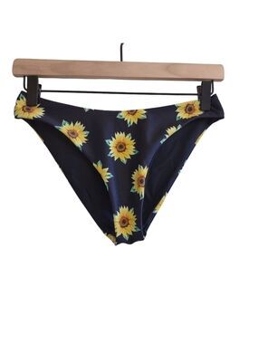 Shein Black Sunflower Print High Cut Bikini Bottom
